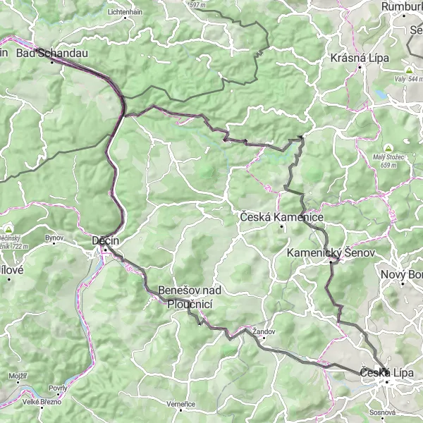 Karten-Miniaturansicht der Radinspiration "Radtour entlang der Straßen um Česká Lípa" in Severovýchod, Czech Republic. Erstellt vom Tarmacs.app-Routenplaner für Radtouren