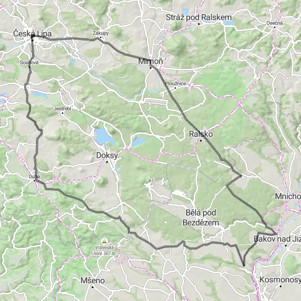 Miniaturní mapa "Road kolem Ralska" inspirace pro cyklisty v oblasti Severovýchod, Czech Republic. Vytvořeno pomocí plánovače tras Tarmacs.app