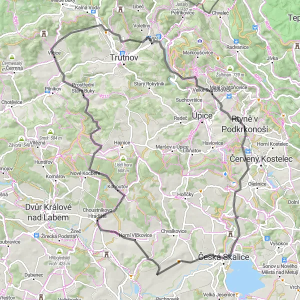 Karten-Miniaturansicht der Radinspiration "Rundfahrroute durch malerische Landschaften" in Severovýchod, Czech Republic. Erstellt vom Tarmacs.app-Routenplaner für Radtouren