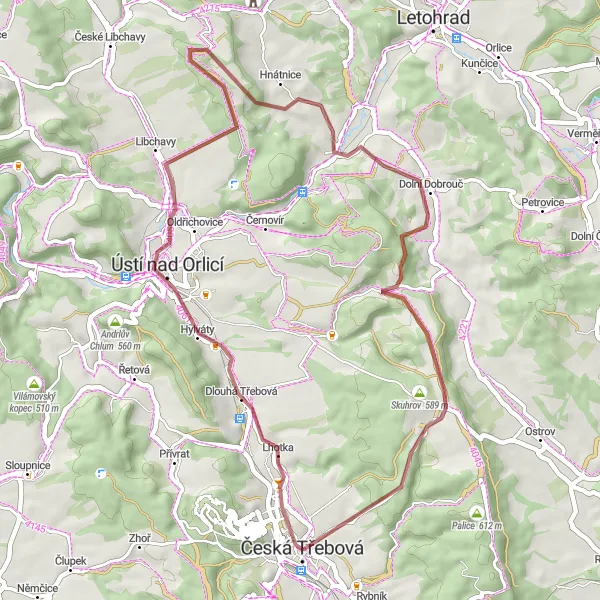 Miniaturní mapa "Cyklistická trasa Ústí nad Orlicí a kolem skály Kamenný vrch" inspirace pro cyklisty v oblasti Severovýchod, Czech Republic. Vytvořeno pomocí plánovače tras Tarmacs.app