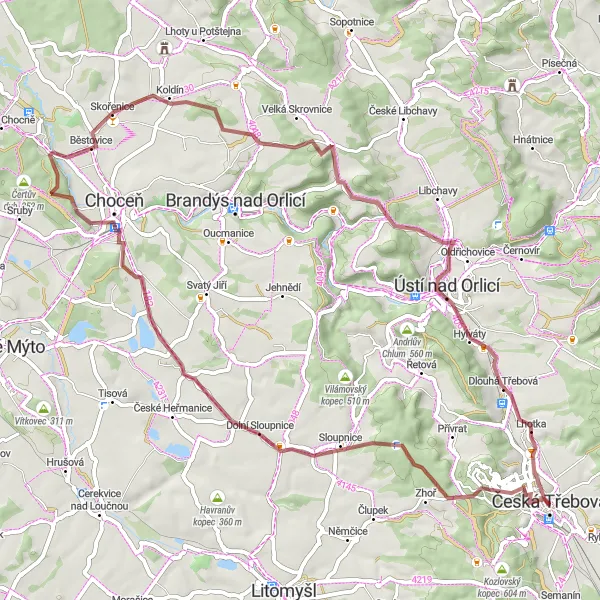 Miniatura mapy "Trasa przez Česká Třebová, Zhořský kopec, Chotěšiny, Chlum, Běstovice, Hliník, Hůra, Lhotka" - trasy rowerowej w Severovýchod, Czech Republic. Wygenerowane przez planer tras rowerowych Tarmacs.app