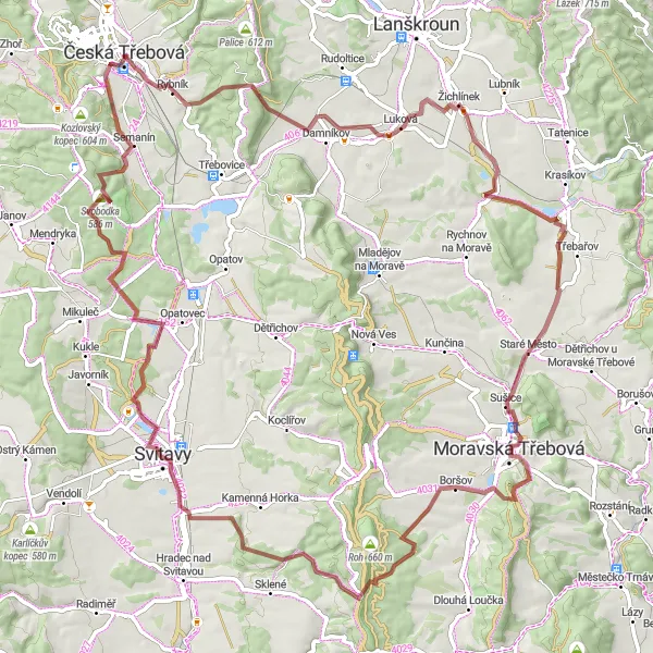 Miniaturní mapa "Gravelová cyklotrasa Česká Třebová" inspirace pro cyklisty v oblasti Severovýchod, Czech Republic. Vytvořeno pomocí plánovače tras Tarmacs.app