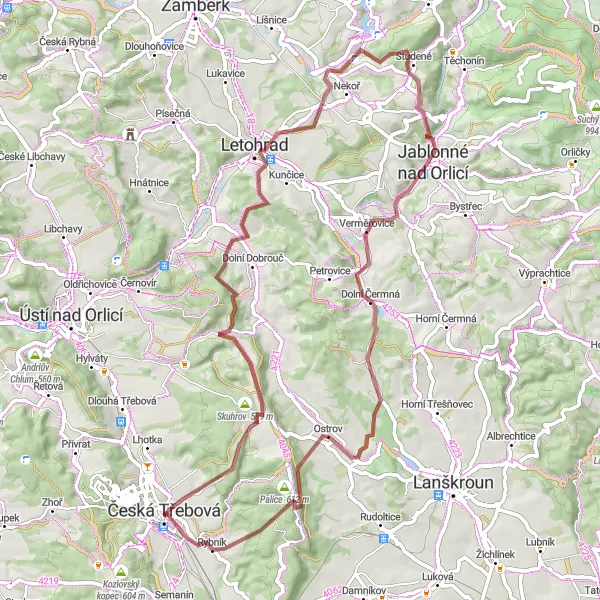 Mapa miniatúra "Gravel kolo Skuhrov" cyklistická inšpirácia v Severovýchod, Czech Republic. Vygenerované cyklistickým plánovačom trás Tarmacs.app