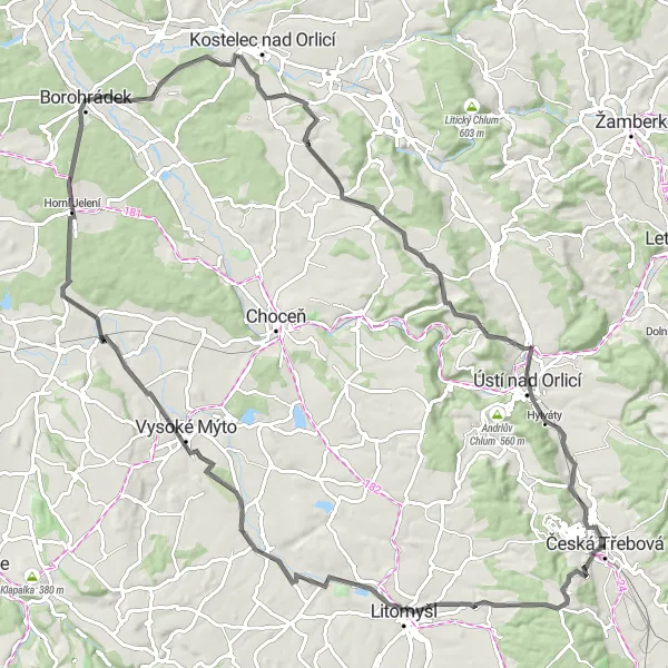 Map miniature of "The Road Exploration" cycling inspiration in Severovýchod, Czech Republic. Generated by Tarmacs.app cycling route planner