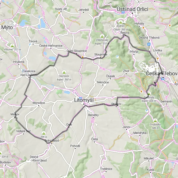 Karten-Miniaturansicht der Radinspiration "Straßenradfahrstrecke Česká Třebová - Lhotka - Osík" in Severovýchod, Czech Republic. Erstellt vom Tarmacs.app-Routenplaner für Radtouren