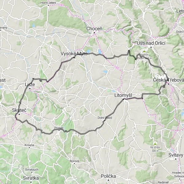 Miniaturní mapa "Cyklistický okruh v okolí České Třebové - Road" inspirace pro cyklisty v oblasti Severovýchod, Czech Republic. Vytvořeno pomocí plánovače tras Tarmacs.app