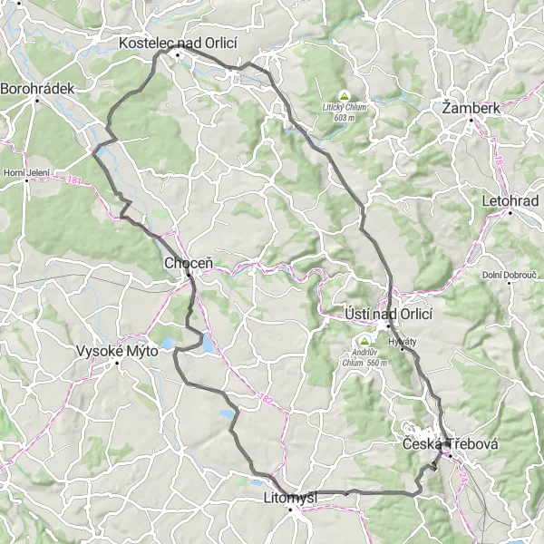 Karten-Miniaturansicht der Radinspiration "Straßenrundfahrt um Česká Třebová (Teil 2)" in Severovýchod, Czech Republic. Erstellt vom Tarmacs.app-Routenplaner für Radtouren