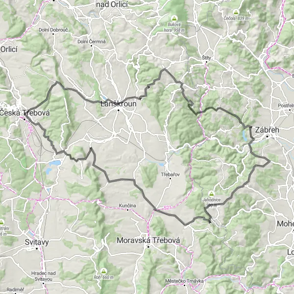 Miniaturní mapa "Náročný okruh od České Třebové - Road" inspirace pro cyklisty v oblasti Severovýchod, Czech Republic. Vytvořeno pomocí plánovače tras Tarmacs.app