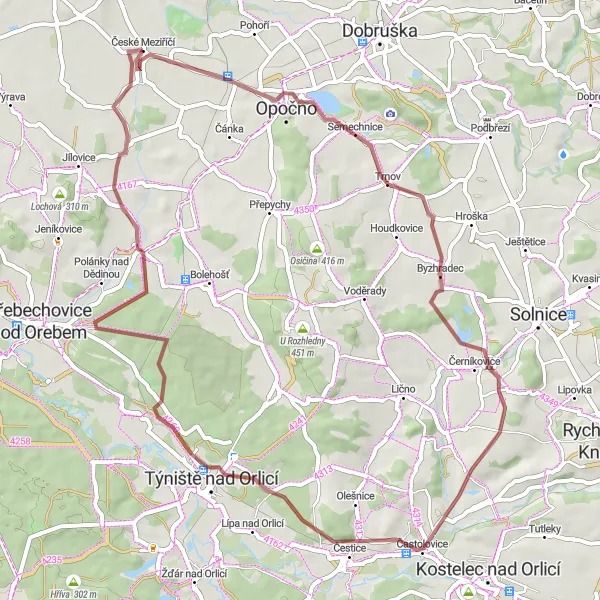 Map miniature of "Historical Gravel Ride" cycling inspiration in Severovýchod, Czech Republic. Generated by Tarmacs.app cycling route planner