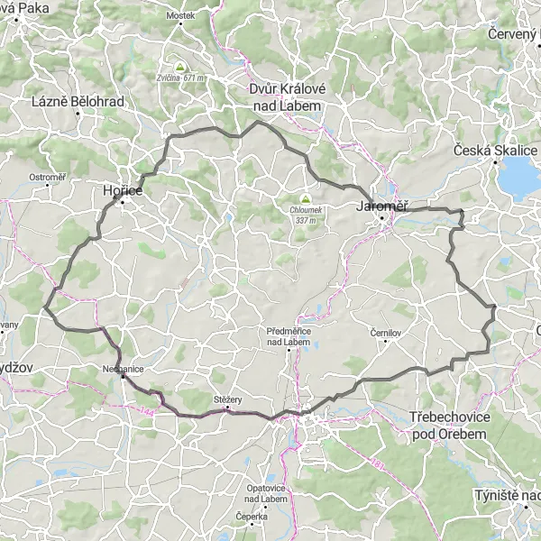 Map miniature of "The Rolling Hills Adventure" cycling inspiration in Severovýchod, Czech Republic. Generated by Tarmacs.app cycling route planner