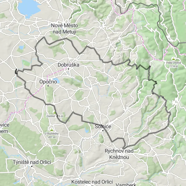 Mapa miniatúra "Okruh do kopců Východních Čech" cyklistická inšpirácia v Severovýchod, Czech Republic. Vygenerované cyklistickým plánovačom trás Tarmacs.app