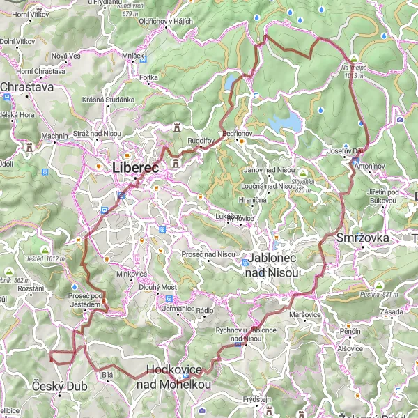 Karten-Miniaturansicht der Radinspiration "Abenteuer Graveltour um Český Dub" in Severovýchod, Czech Republic. Erstellt vom Tarmacs.app-Routenplaner für Radtouren