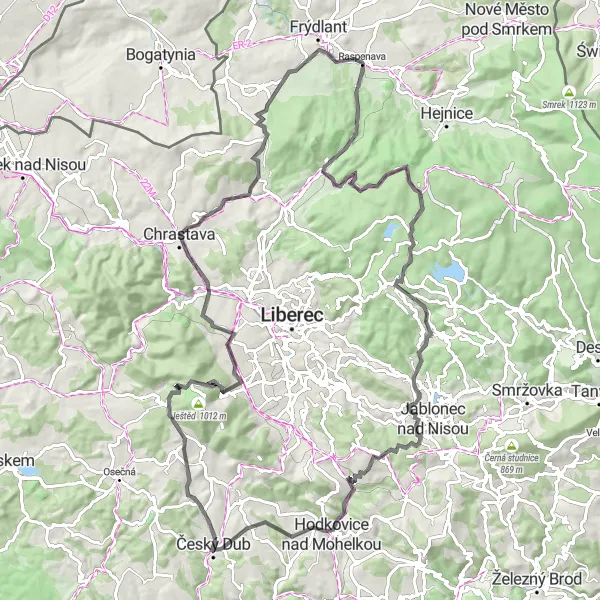 Karten-Miniaturansicht der Radinspiration "Entdecken Sie die Schönheit des Isergebirges auf dieser 97 km langen Straßenradroute" in Severovýchod, Czech Republic. Erstellt vom Tarmacs.app-Routenplaner für Radtouren
