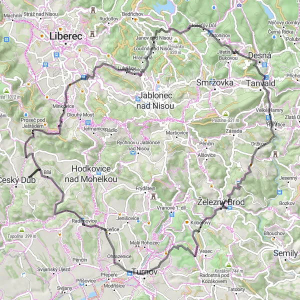 Karten-Miniaturansicht der Radinspiration "Bergtour um Český Dub" in Severovýchod, Czech Republic. Erstellt vom Tarmacs.app-Routenplaner für Radtouren