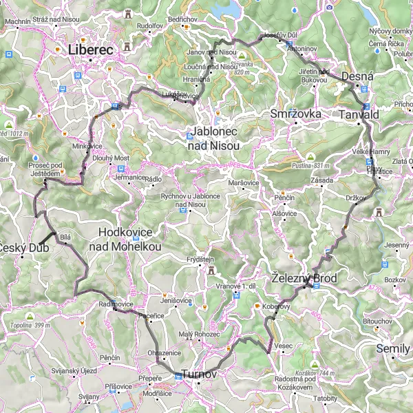 Mapa miniatúra "Kolem Českého Dubu - Silniční trasa" cyklistická inšpirácia v Severovýchod, Czech Republic. Vygenerované cyklistickým plánovačom trás Tarmacs.app