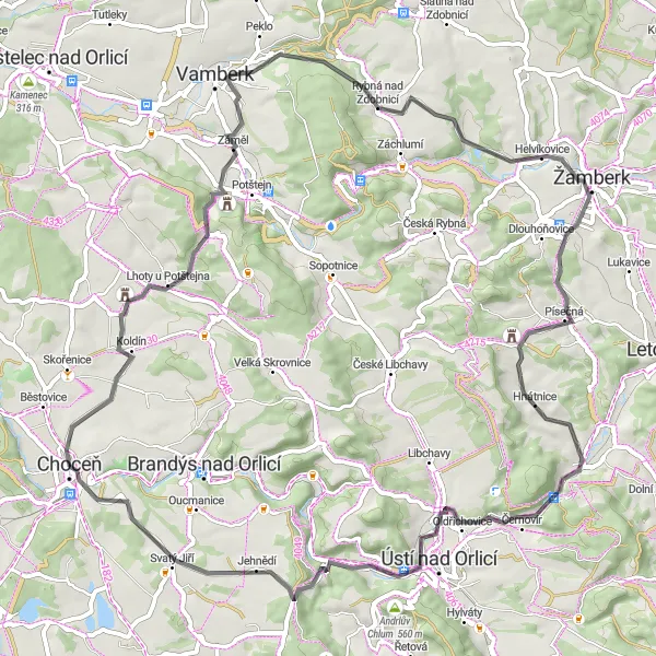 Mapa miniatúra "Okruh kolem Choceň" cyklistická inšpirácia v Severovýchod, Czech Republic. Vygenerované cyklistickým plánovačom trás Tarmacs.app