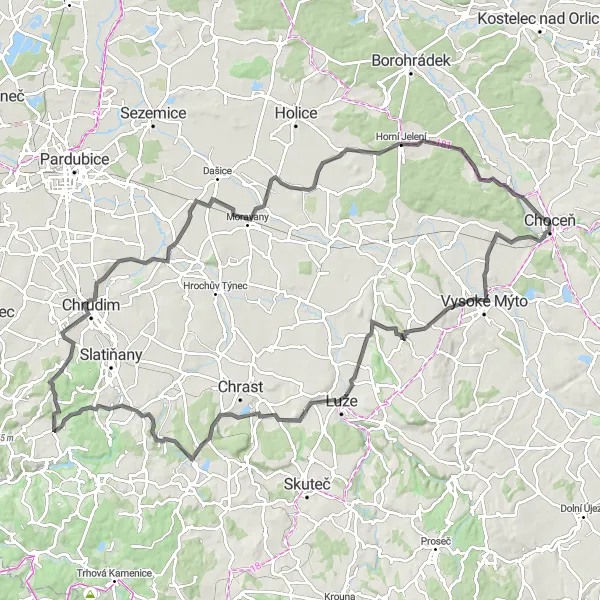 Mapa miniatúra "Vyhlídková cyklotrasa kolem Choceň" cyklistická inšpirácia v Severovýchod, Czech Republic. Vygenerované cyklistickým plánovačom trás Tarmacs.app