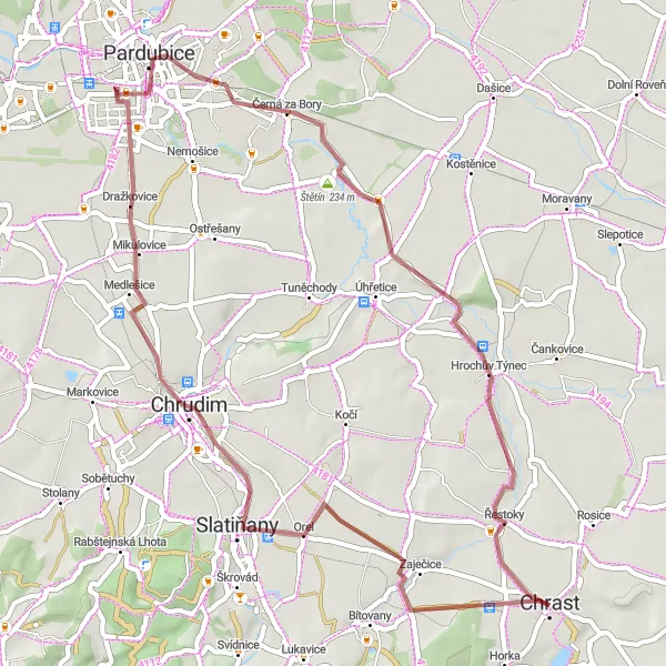 Map miniature of "Gravel Route around Chrast" cycling inspiration in Severovýchod, Czech Republic. Generated by Tarmacs.app cycling route planner