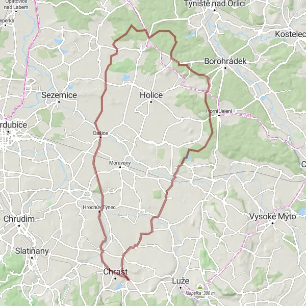 Map miniature of "Gravel Adventure near Chrast" cycling inspiration in Severovýchod, Czech Republic. Generated by Tarmacs.app cycling route planner