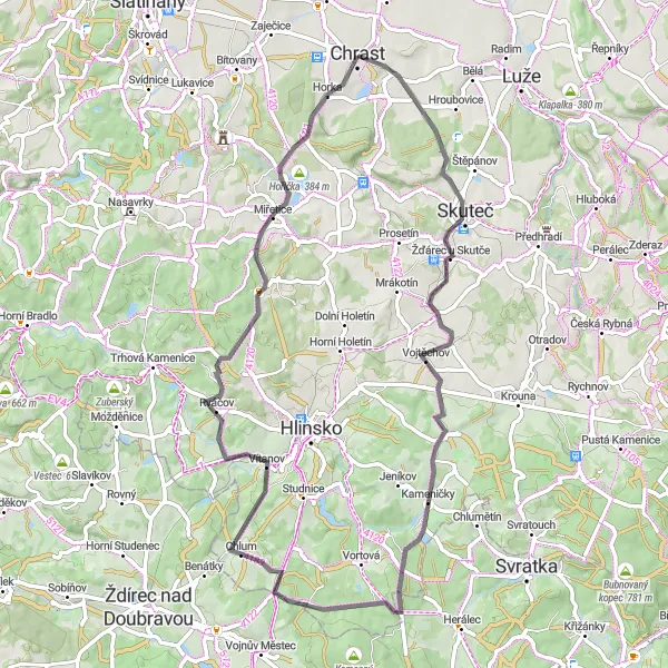 Mapa miniatúra "Cestná trasa cez Miřetice a Hořička" cyklistická inšpirácia v Severovýchod, Czech Republic. Vygenerované cyklistickým plánovačom trás Tarmacs.app