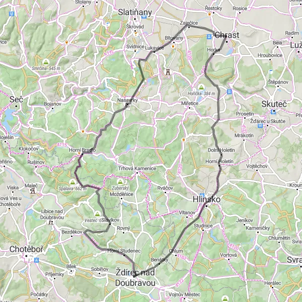 Mapa miniatúra "Okruhová cyklistická trasa Chrast - Severovýchod" cyklistická inšpirácia v Severovýchod, Czech Republic. Vygenerované cyklistickým plánovačom trás Tarmacs.app