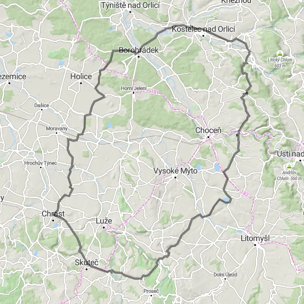 Karten-Miniaturansicht der Radinspiration "Eine 114 km lange Rennradtour voller Abenteuer" in Severovýchod, Czech Republic. Erstellt vom Tarmacs.app-Routenplaner für Radtouren