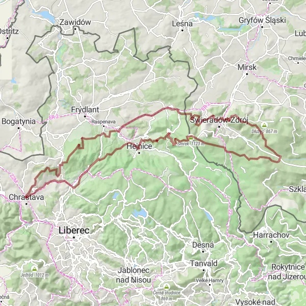 Karten-Miniaturansicht der Radinspiration "Rund um Chrastava im Nordosten Tschechiens" in Severovýchod, Czech Republic. Erstellt vom Tarmacs.app-Routenplaner für Radtouren