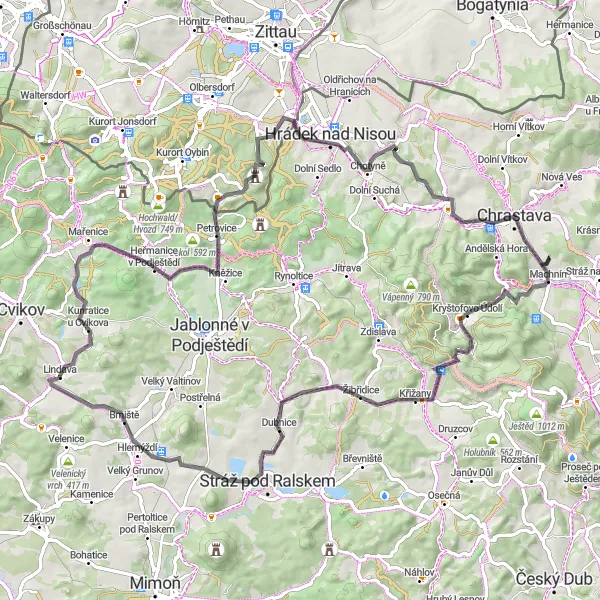 Mapa miniatúra "Cyklotrasa cez Křižanské sedlo a Mařeničky" cyklistická inšpirácia v Severovýchod, Czech Republic. Vygenerované cyklistickým plánovačom trás Tarmacs.app