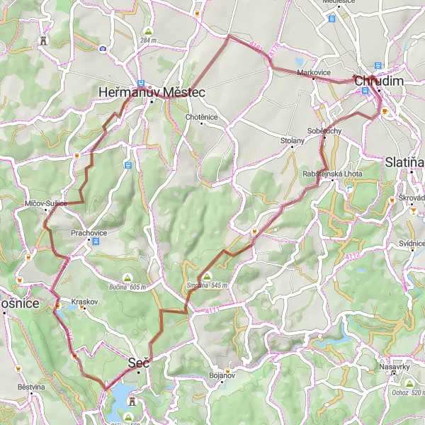 Miniaturní mapa "Gravel Route Mýtka - Chrudim" inspirace pro cyklisty v oblasti Severovýchod, Czech Republic. Vytvořeno pomocí plánovače tras Tarmacs.app