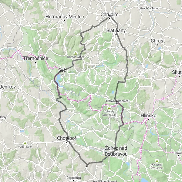 Map miniature of "Rohozná Road Loop" cycling inspiration in Severovýchod, Czech Republic. Generated by Tarmacs.app cycling route planner