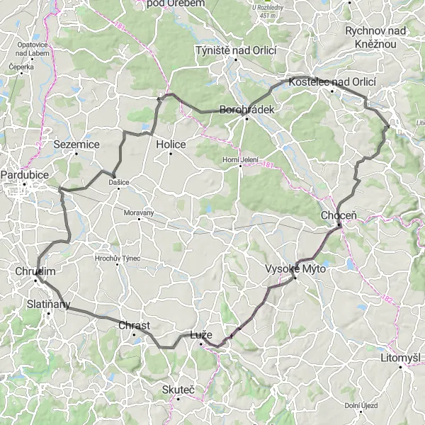 Mapa miniatúra "Výzva na silnici kolem Chrudimi" cyklistická inšpirácia v Severovýchod, Czech Republic. Vygenerované cyklistickým plánovačom trás Tarmacs.app