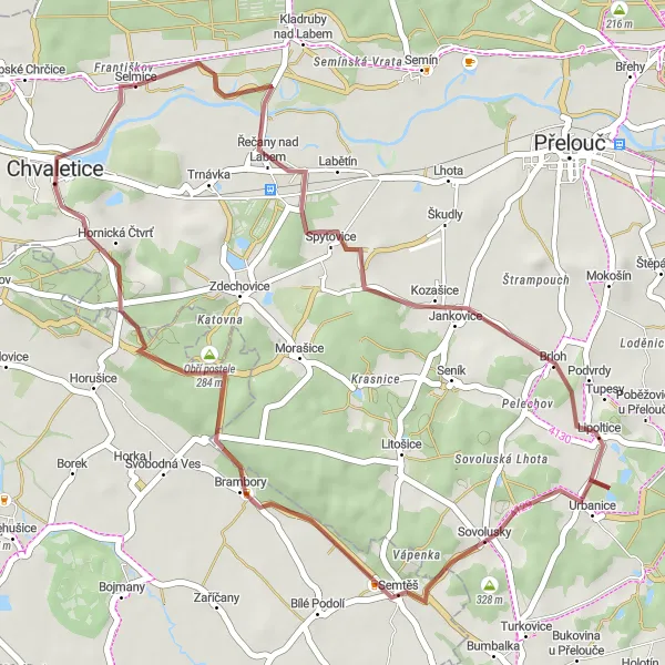 Mapa miniatúra "Gravelová poutní cesta kolem Chvaletic" cyklistická inšpirácia v Severovýchod, Czech Republic. Vygenerované cyklistickým plánovačom trás Tarmacs.app