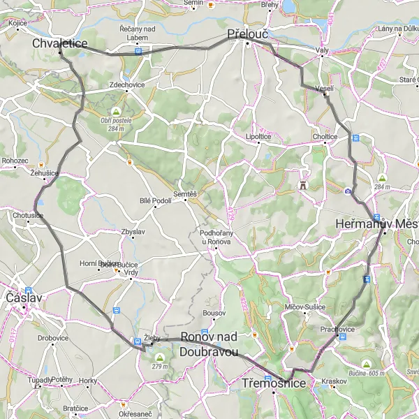 Mapa miniatúra "Cyklotúra okolo Chvaletíc" cyklistická inšpirácia v Severovýchod, Czech Republic. Vygenerované cyklistickým plánovačom trás Tarmacs.app