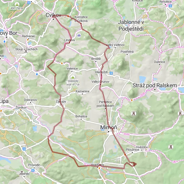 Miniaturní mapa "Gravelový výlet kolem Cvikova" inspirace pro cyklisty v oblasti Severovýchod, Czech Republic. Vytvořeno pomocí plánovače tras Tarmacs.app