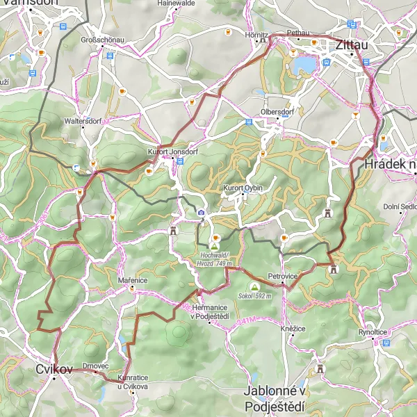 Miniaturní mapa "Gravelový okruh kolem Lužických hor" inspirace pro cyklisty v oblasti Severovýchod, Czech Republic. Vytvořeno pomocí plánovače tras Tarmacs.app