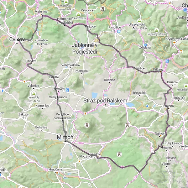 Mapa miniatúra "Okružná cyklistická trasa z blízkosti Cvikova" cyklistická inšpirácia v Severovýchod, Czech Republic. Vygenerované cyklistickým plánovačom trás Tarmacs.app