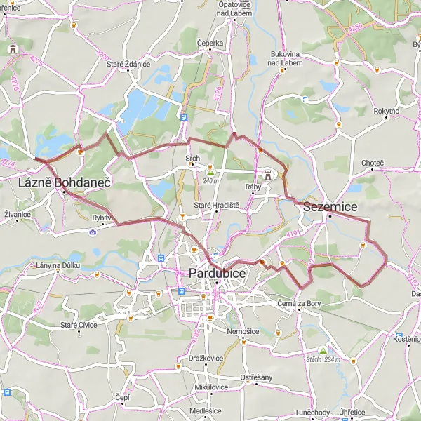 Mapa miniatúra "Gravelová trasa k Lázním Bohdaneč" cyklistická inšpirácia v Severovýchod, Czech Republic. Vygenerované cyklistickým plánovačom trás Tarmacs.app