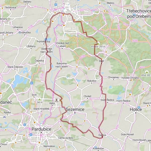 Map miniature of "The Labem Valley Gravel Adventure" cycling inspiration in Severovýchod, Czech Republic. Generated by Tarmacs.app cycling route planner