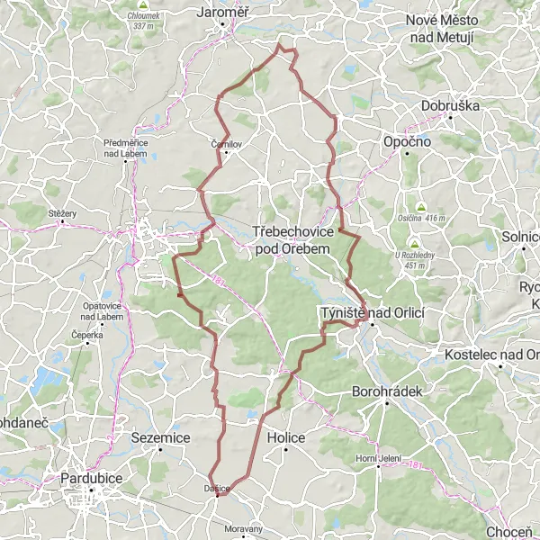 Miniaturní mapa "Gravelový výlet kolem okolí" inspirace pro cyklisty v oblasti Severovýchod, Czech Republic. Vytvořeno pomocí plánovače tras Tarmacs.app