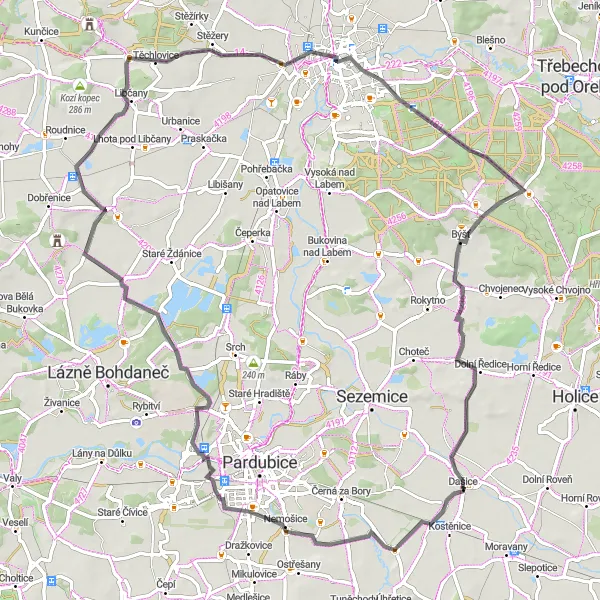 Miniaturní mapa "Road Trail Okolo Bělečka" inspirace pro cyklisty v oblasti Severovýchod, Czech Republic. Vytvořeno pomocí plánovače tras Tarmacs.app