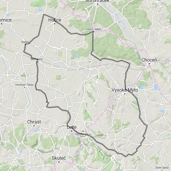 Map miniature of "The Hilltop Road Challenge" cycling inspiration in Severovýchod, Czech Republic. Generated by Tarmacs.app cycling route planner