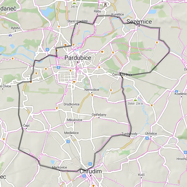 Mapa miniatúra "Krátká cyklistická trasa od Dašic" cyklistická inšpirácia v Severovýchod, Czech Republic. Vygenerované cyklistickým plánovačom trás Tarmacs.app