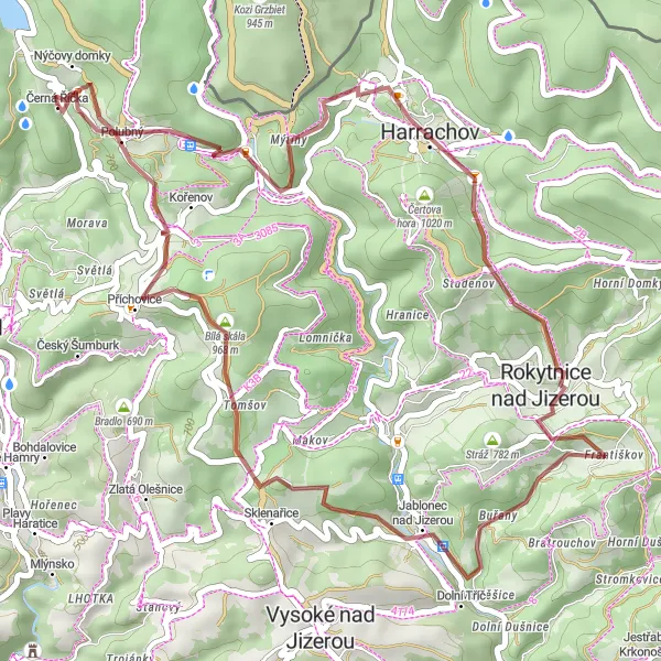 Map miniature of "Harrachov Gravel Ride" cycling inspiration in Severovýchod, Czech Republic. Generated by Tarmacs.app cycling route planner