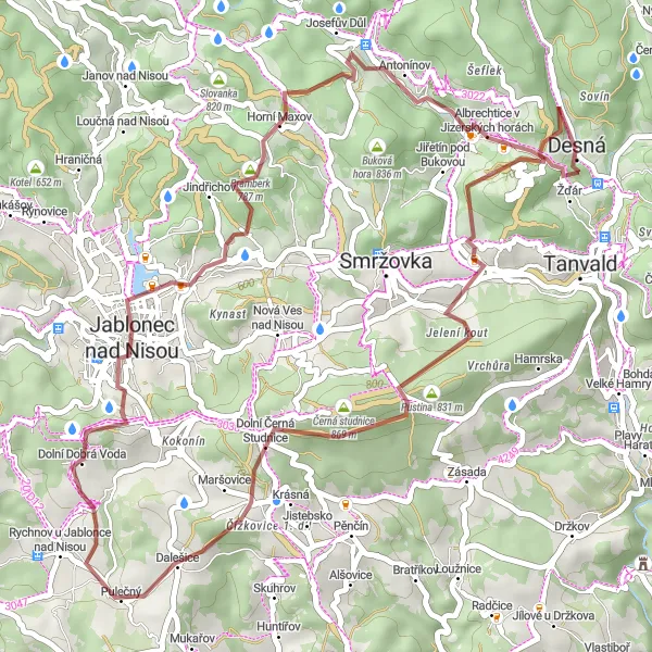 Map miniature of "Gravel Adventure in the Jizera Mountains" cycling inspiration in Severovýchod, Czech Republic. Generated by Tarmacs.app cycling route planner