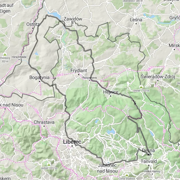 Mapa miniatúra "Trasa okruhu kolem Desné - Road" cyklistická inšpirácia v Severovýchod, Czech Republic. Vygenerované cyklistickým plánovačom trás Tarmacs.app