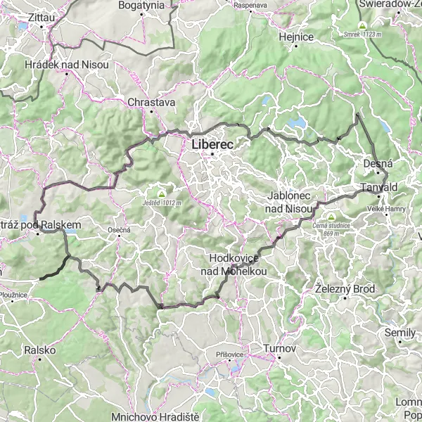 Miniaturní mapa "Kruhová cyklotrasa Vyhlídka nad Tanvaldem" inspirace pro cyklisty v oblasti Severovýchod, Czech Republic. Vytvořeno pomocí plánovače tras Tarmacs.app