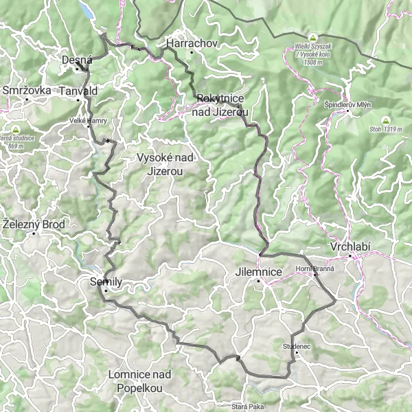 Karten-Miniaturansicht der Radinspiration "Rundtour um Desná" in Severovýchod, Czech Republic. Erstellt vom Tarmacs.app-Routenplaner für Radtouren