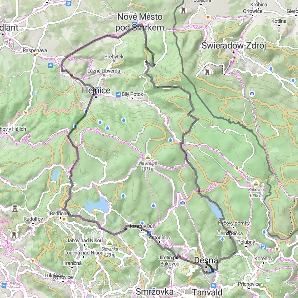 Map miniature of "The Jizera Mountains Road Circuit" cycling inspiration in Severovýchod, Czech Republic. Generated by Tarmacs.app cycling route planner