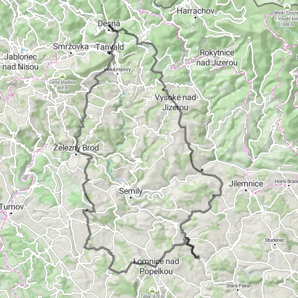 Mapa miniatúra "Trasa okruhu kolem Desné - Road" cyklistická inšpirácia v Severovýchod, Czech Republic. Vygenerované cyklistickým plánovačom trás Tarmacs.app