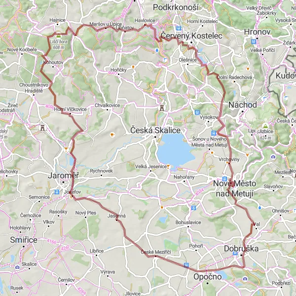 Mapa miniatúra "Gravel circuit from Dobruška" cyklistická inšpirácia v Severovýchod, Czech Republic. Vygenerované cyklistickým plánovačom trás Tarmacs.app